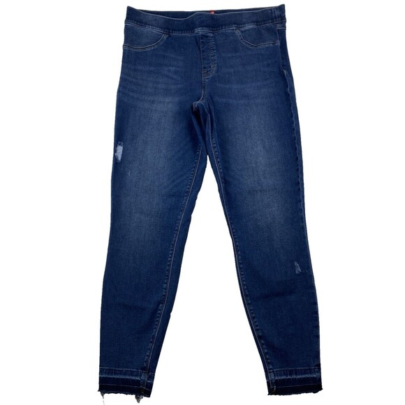 Spanx XL Pull On Skinny Jeans Distressed Dark Wash High Rise Stretch Denim Pants - Picture 1 of 16